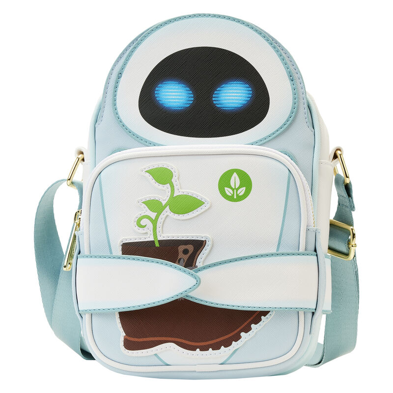 Crossbuddies bag in the shape of EVE from WALL-E, she has a reversible front pocket that can be her holding the plant in a boot or a light bulb.